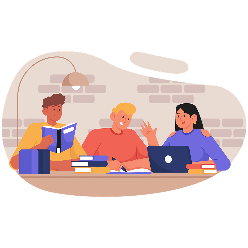 graphic showing students studying, two boys and a girl