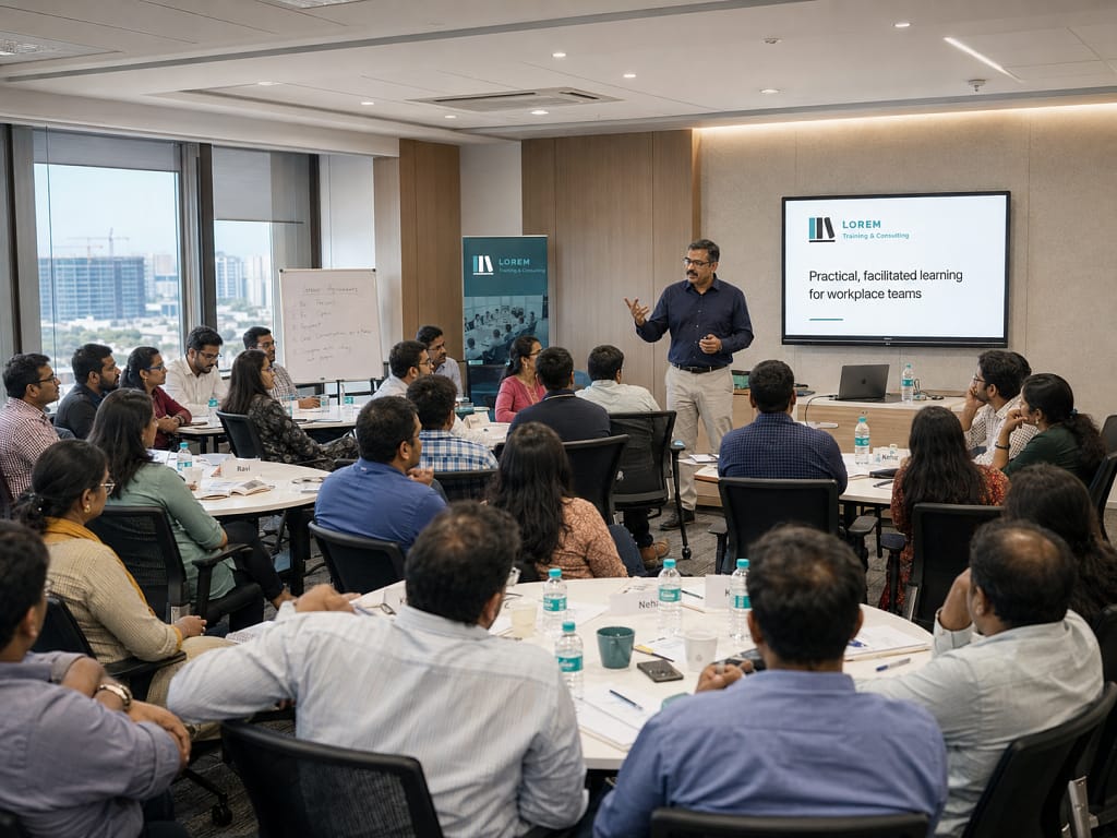 A facilitator leading a discussion with a large group of professionals during a corporate training workshop