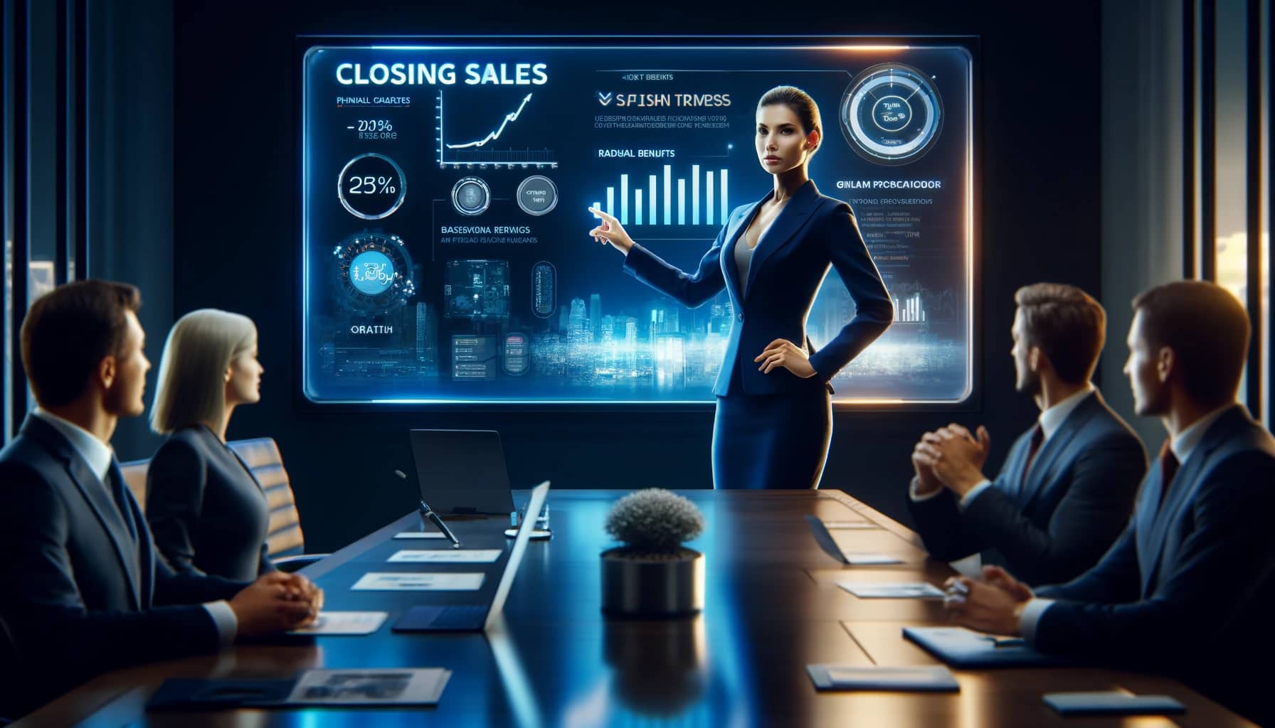 Female corporate trainer in business attire, pointing towards a large, modern digital screen while conducting a training on how to close sales.